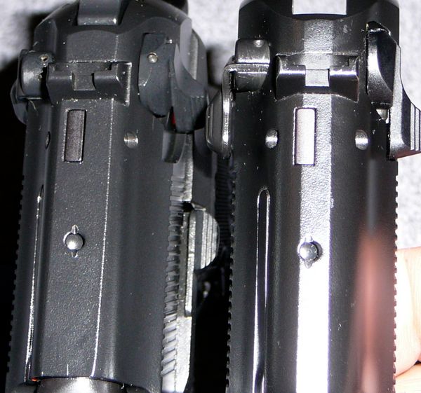 92A1 (left) note wider flat portion on slide top compared to 92FS (right)