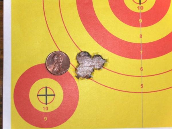 Handload for Win. 94AE Carbine in 45Colt. 50yds from the truck hood, Hndy 250grXTP at and average of 1530fps, 5-shot.